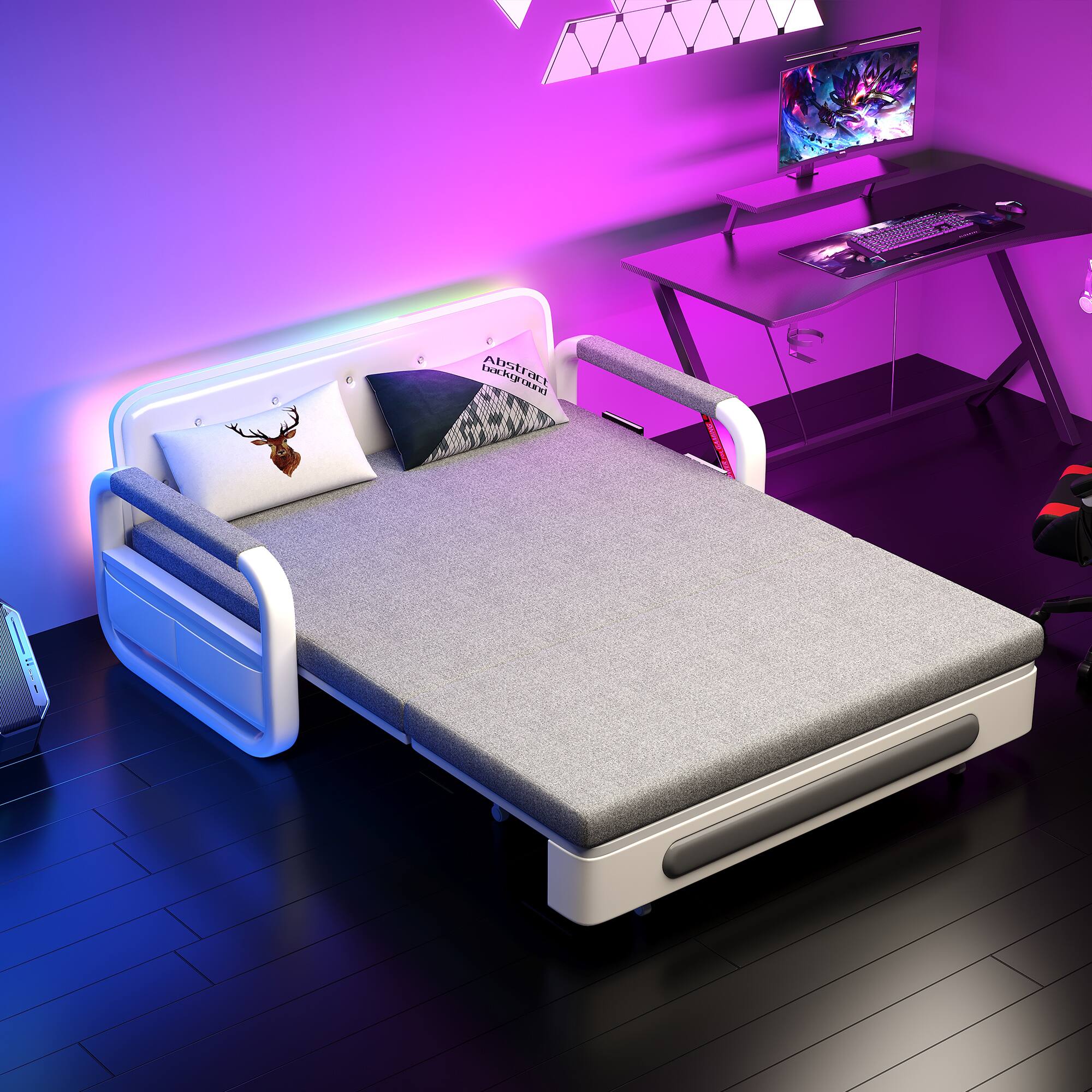 Left. luck idea - 62.2" Sofa Bed with Storage Base and Side Pockets, Detachable Washable Seat Cushions - Gray.