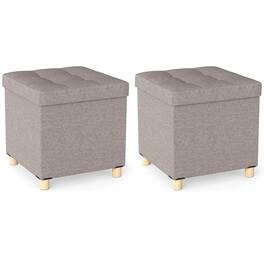 Costway - 2 PCS 18" Ottoman with Storage,Tray & Rubber Wood Legs for Small Space Living Room - Gray,Natural