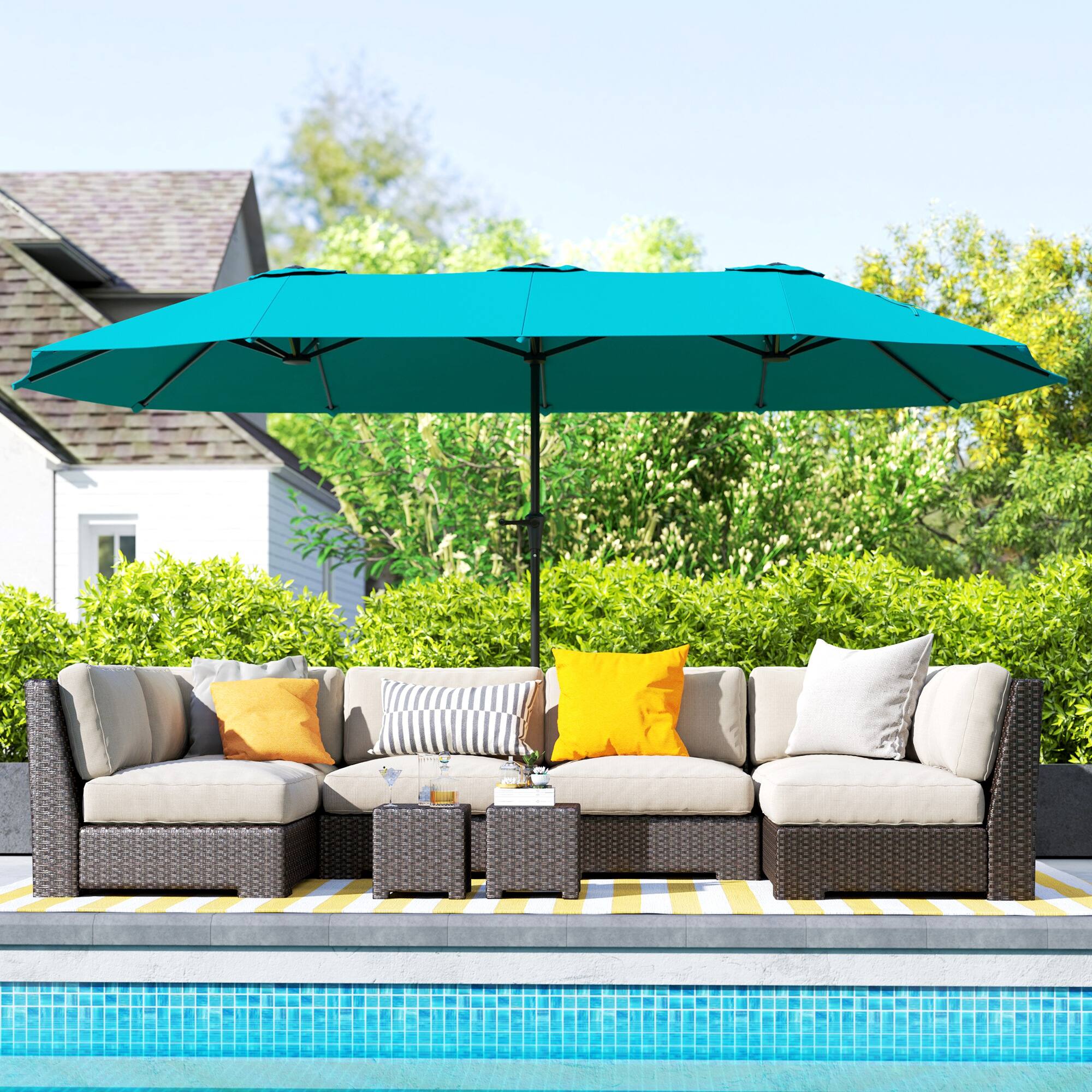 Angle. Outsunny - 13 ft. Extra Large Patio Umbrella, UPF30+ Double Umbrella Outdoor Patio with Easy Crank Handle, Vents for Garden, Pool - Blue.