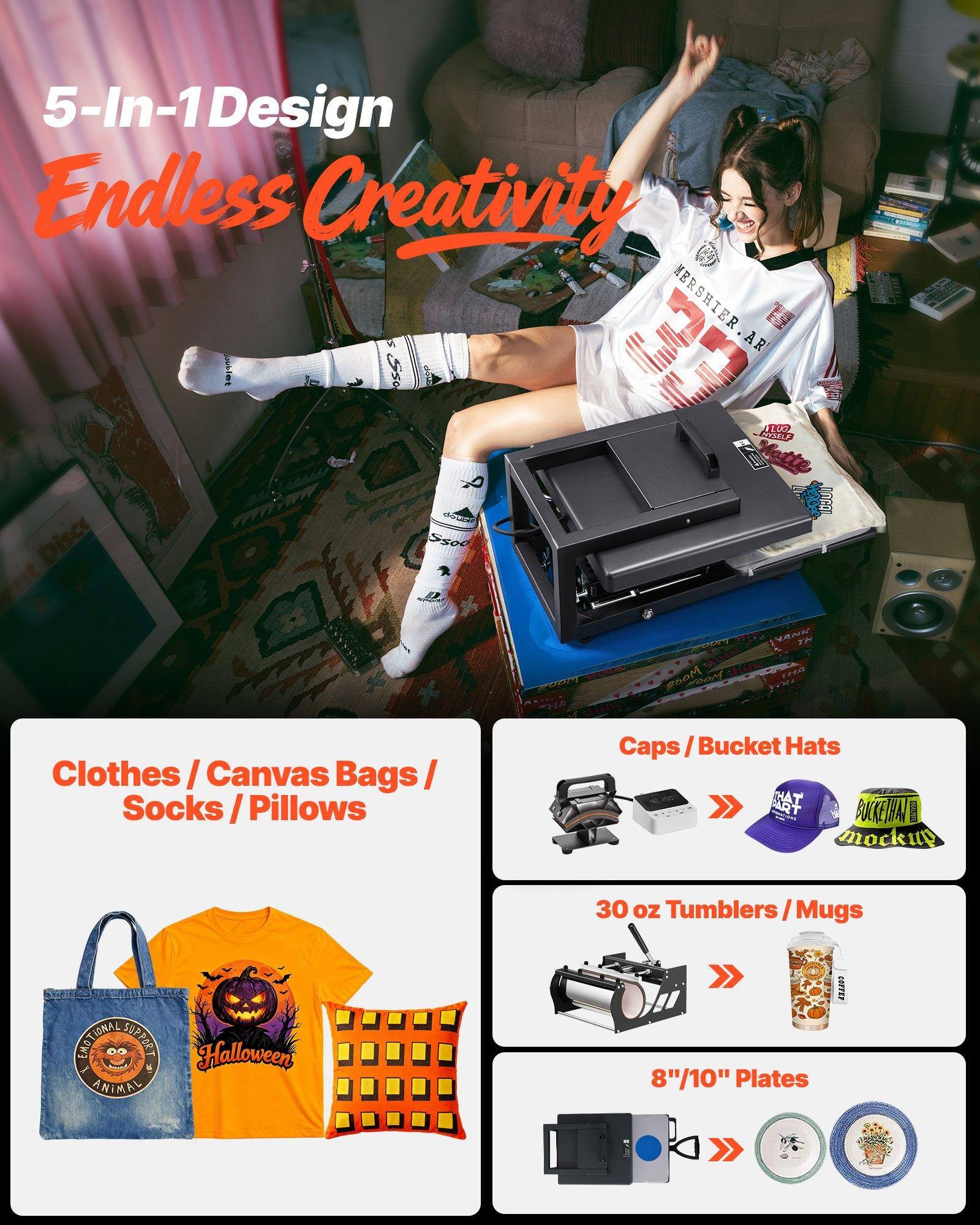 5-In-1 Design  
Endless Creativity  

Clothes / Canvas Bags / Socks / Pillows  

Caps / Bucket Hats  

30 oz Tumblers / Mugs  

8" / 10" Plates