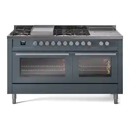 ILVE - Professional Plus II Series 60 in. Dual Fuel Range with 7 Sealed Burners + Griddle (Liquid Propane, Satin Trim) - Blue Grey