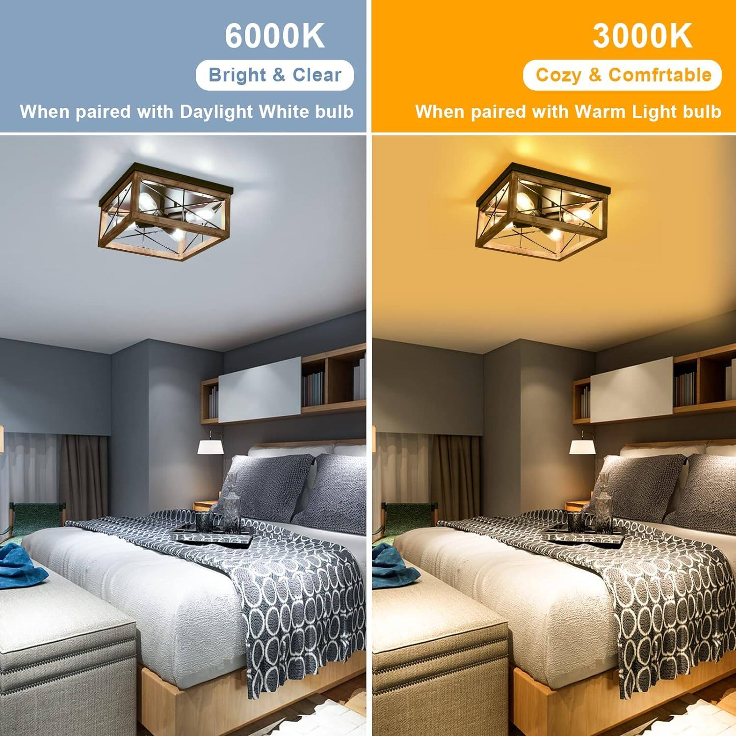 6000K Bright & Clear  
When paired with Daylight White bulb  

3000K Cozy & Comfortable  
When paired with Warm Light bulb