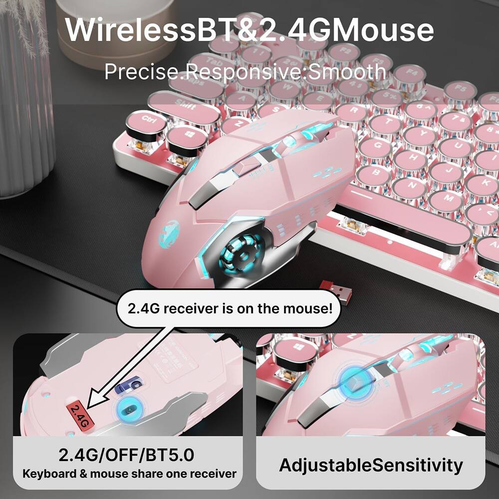Wireless BT & 2.4G Mouse  
Precise. Responsive. Smooth  

2.4G receiver is on the mouse!  

2.4G/OFF/BT5.0  
Keyboard & mouse share one receiver  

Adjustable Sensitivity