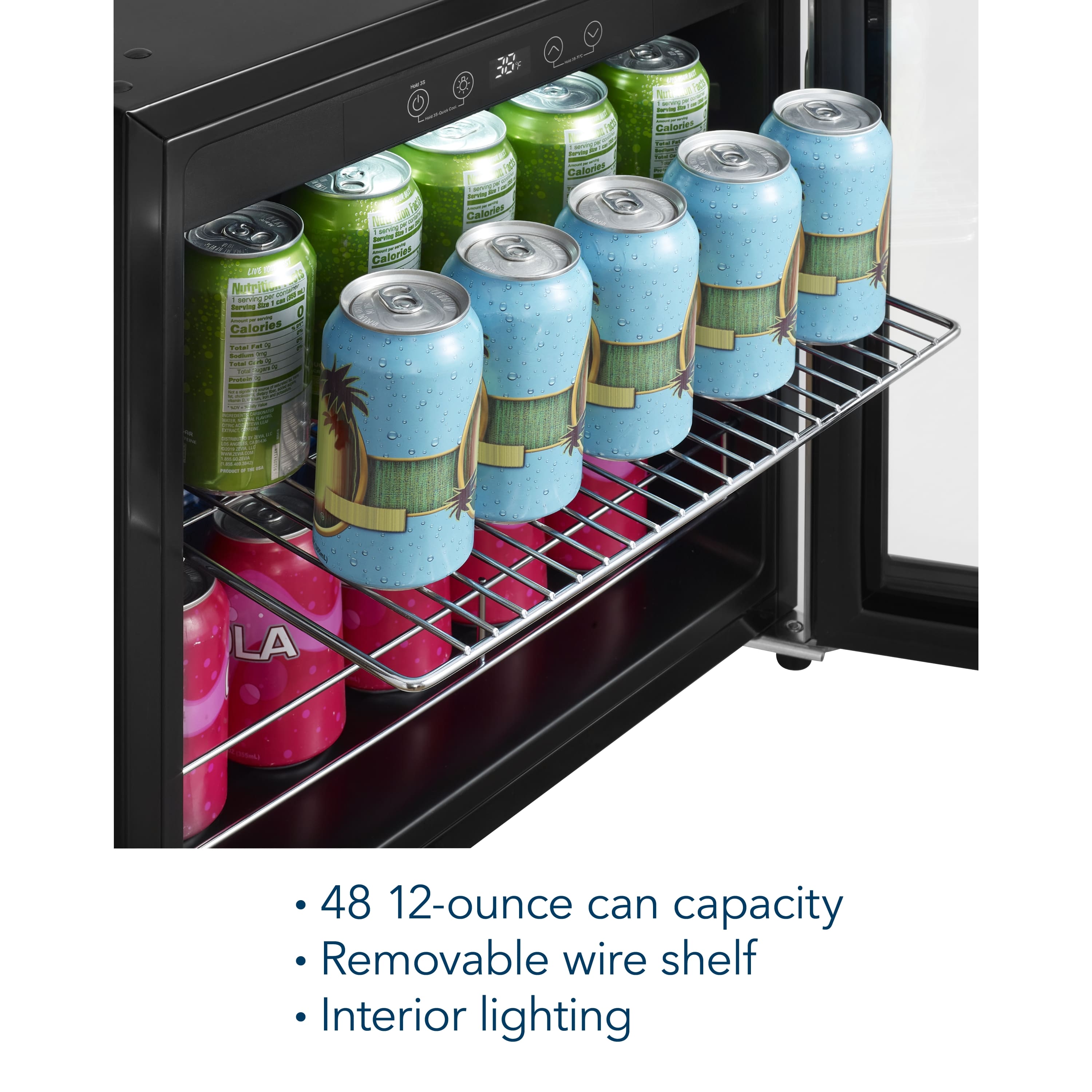 The text on the image reads:
* 48 12-ounce can capacity
* Removable wire shelf
* Interior lighting