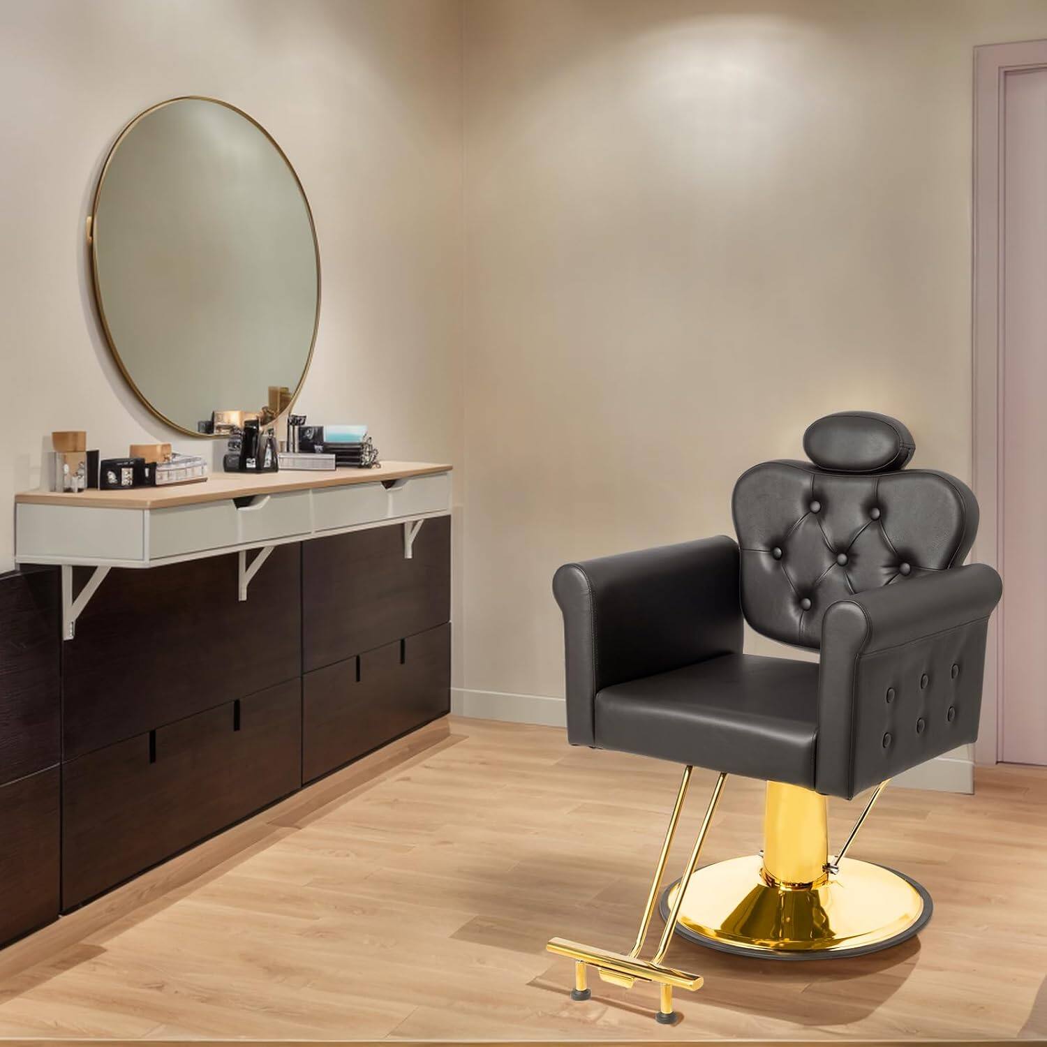 Angle. Winado - All Purpose Salon Chair with Reclining Back & Tufted Button & Footrest & 330LBS Capacity for Barbershop Braiding Makeup - Black & Gold.