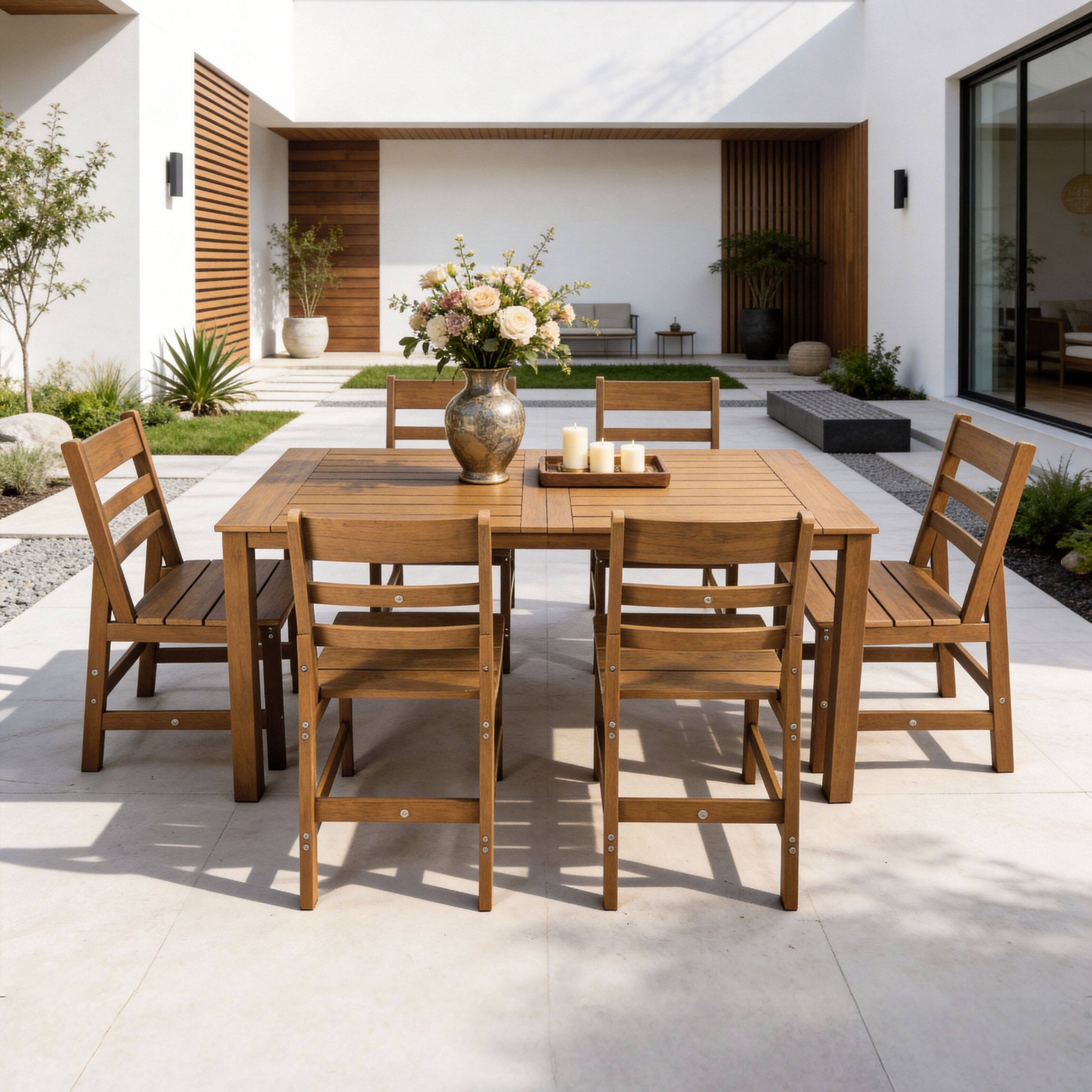 Back. Famapy - Pairs of Teak-Style Outdoor Patio Dining Chair HDPS Aluminum Frame, Weatherproof & Low-Maintenance for Garden Poolside - Wooden.