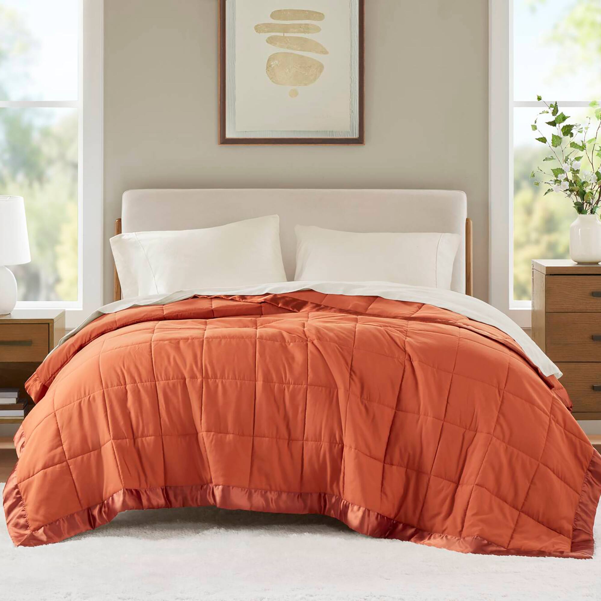 Alt View 1. Gracie Mills - Seville Lightweight Down Alternative Blanket with Satin Trim - Orange.