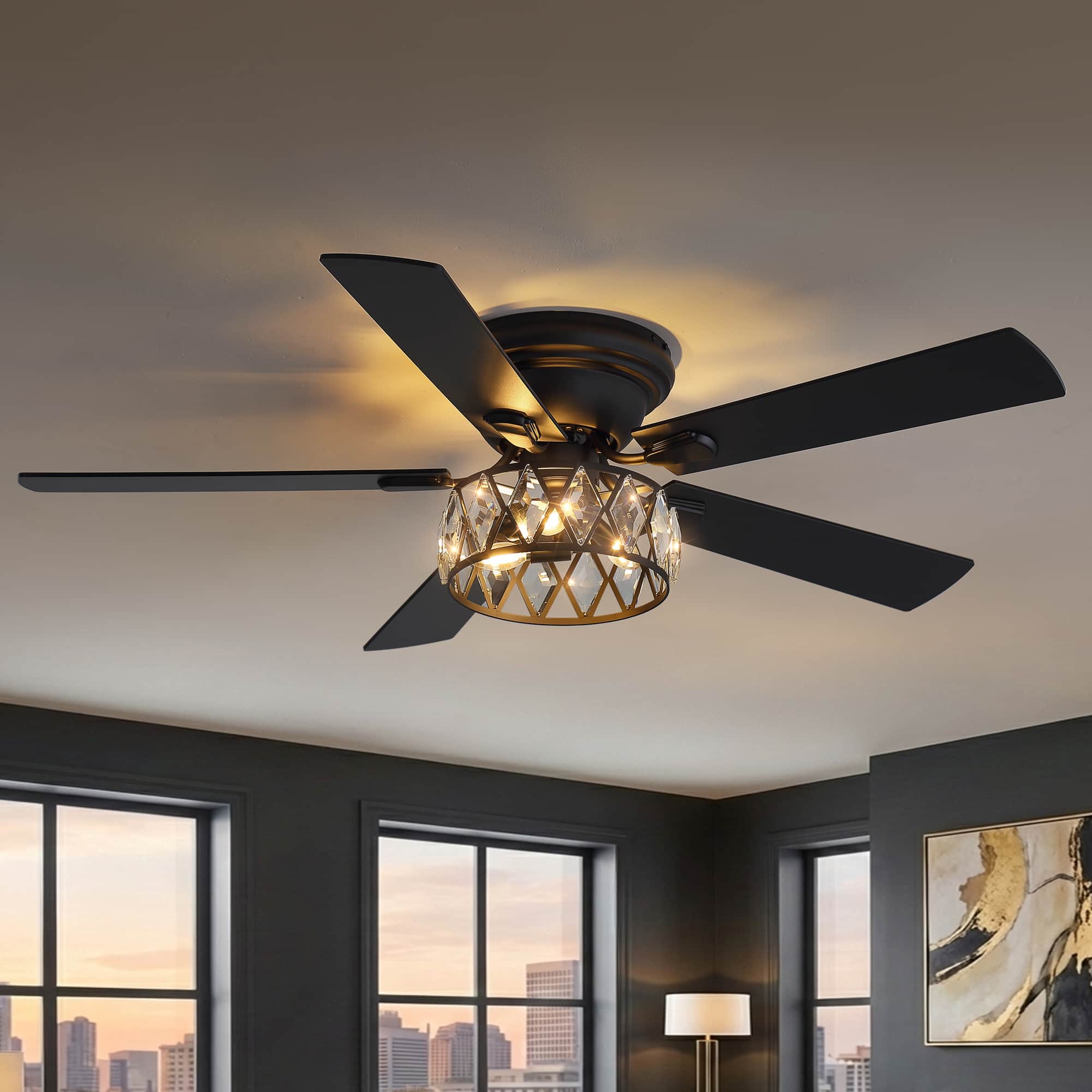 Breezary - 52'' Flush Mount Ceiling Fan with Light Kit, Low Profile Indoor Crystal Fan, 5 Blades, 6-Speed DC Motor, Remote, Timer - Black with Two-tone Wood Grain Blades