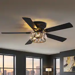 Breezary - 52'' Flush Mount Ceiling Fan with Light Kit, Low Profile Indoor Crystal Fan, 5 Blades, 6-Speed DC Motor, Remote, Timer - Black with Two-tone Wood Grain Blades