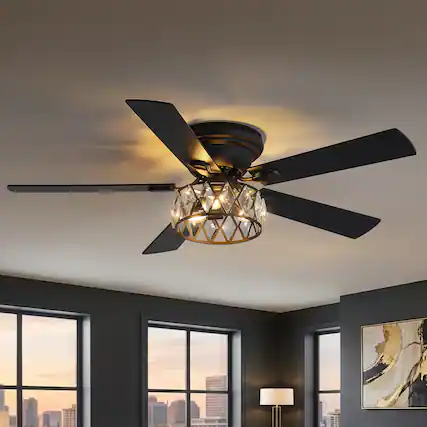 Front. Breezary - 52'' Flush Mount Ceiling Fan with Light Kit, Low Profile Indoor Crystal Fan, 5 Blades, 6-Speed DC Motor, Remote, Timer - Black with Two-tone Wood Grain Blades.