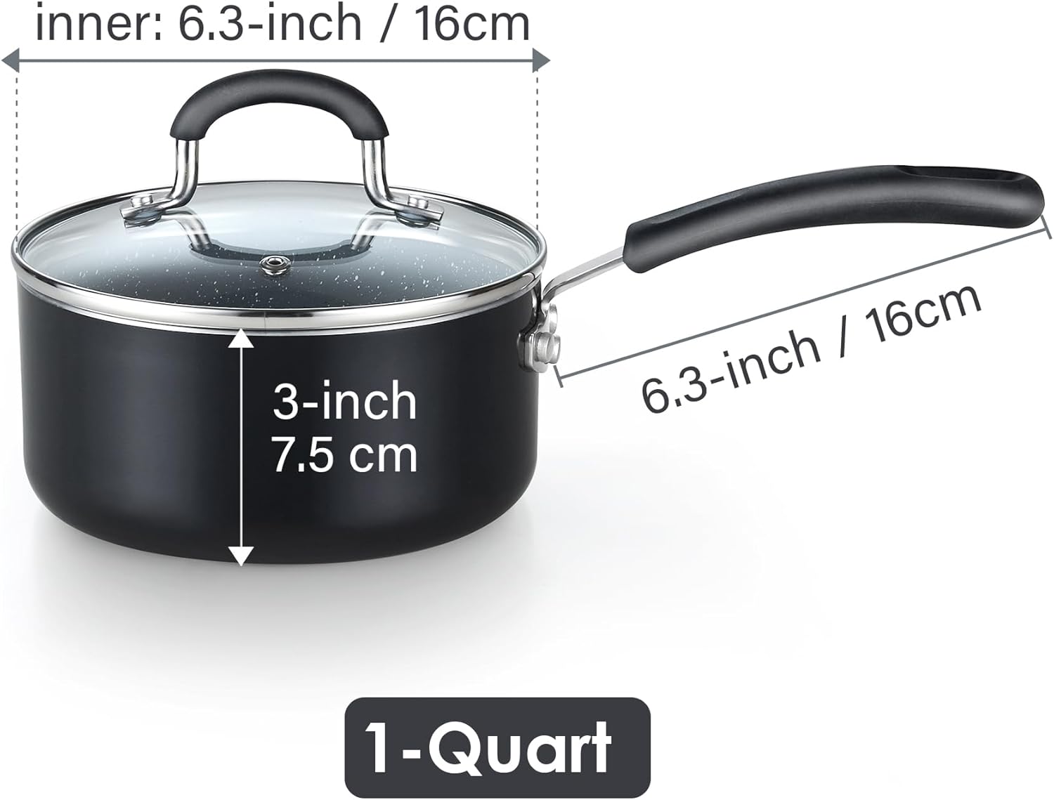 inner: 6.3-inch / 16cm  
3-inch / 7.5 cm  
6.3-inch / 16cm  
1-Quart