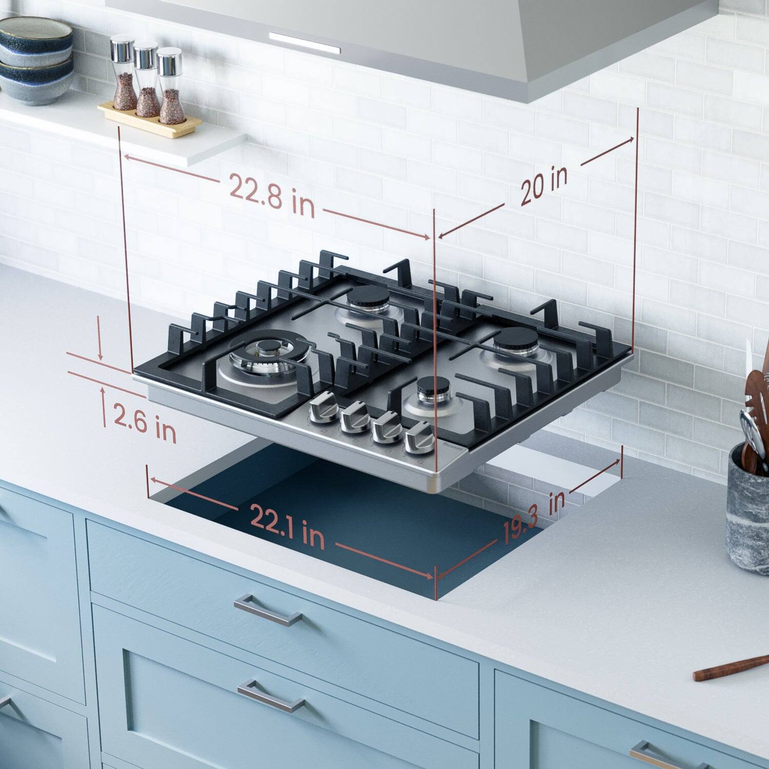 22.8 in, 20 in, 2.6 in, 22.1 in, 19.3 in.