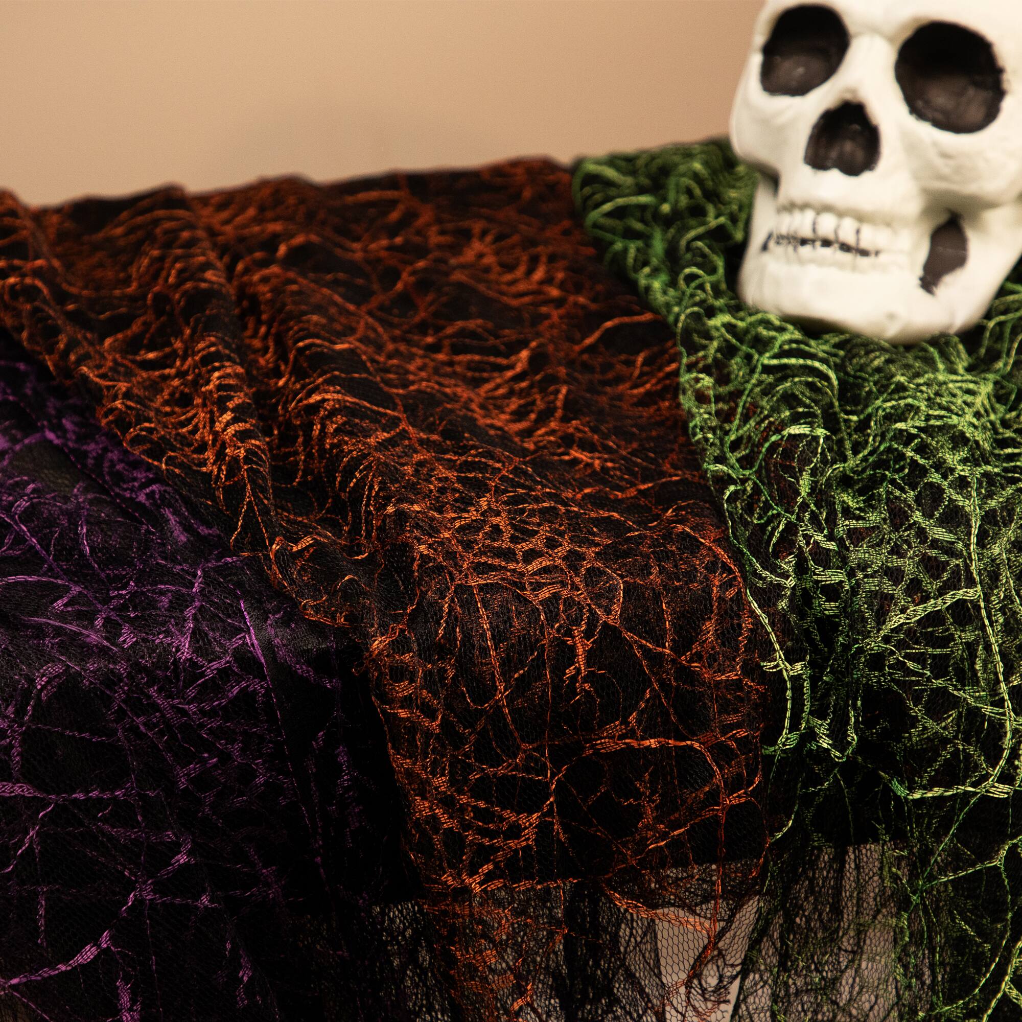 Alt View 2. Northlight - Fabric Spiderweb Halloween Decorations - Purple, Orange, Green - 6' - Set of 3 - Black.