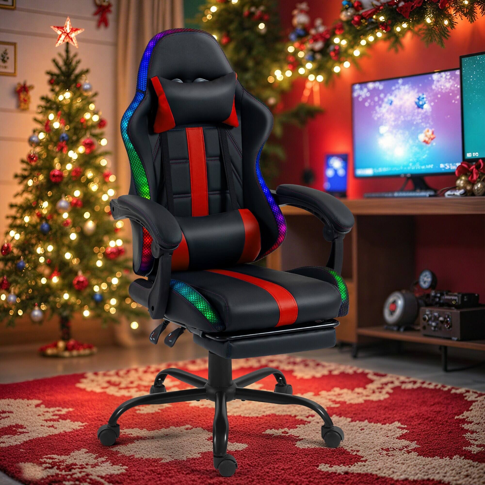 Alt View 5. U-HOMY - High-Back RGB LED Gaming Chair with Upgraded Lumbar Massager & Footrest, Ergonomic Reclining Computer Chair - Red.