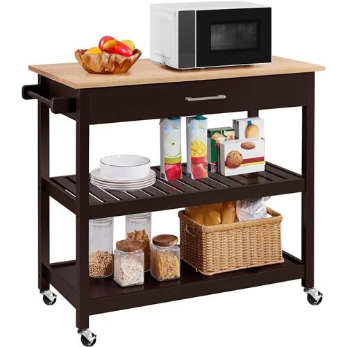 Front. SlickBlue - Compact Kitchen Island Cart with Wood Top, Drawer, 2 Storage Shelves - Dark Brown.