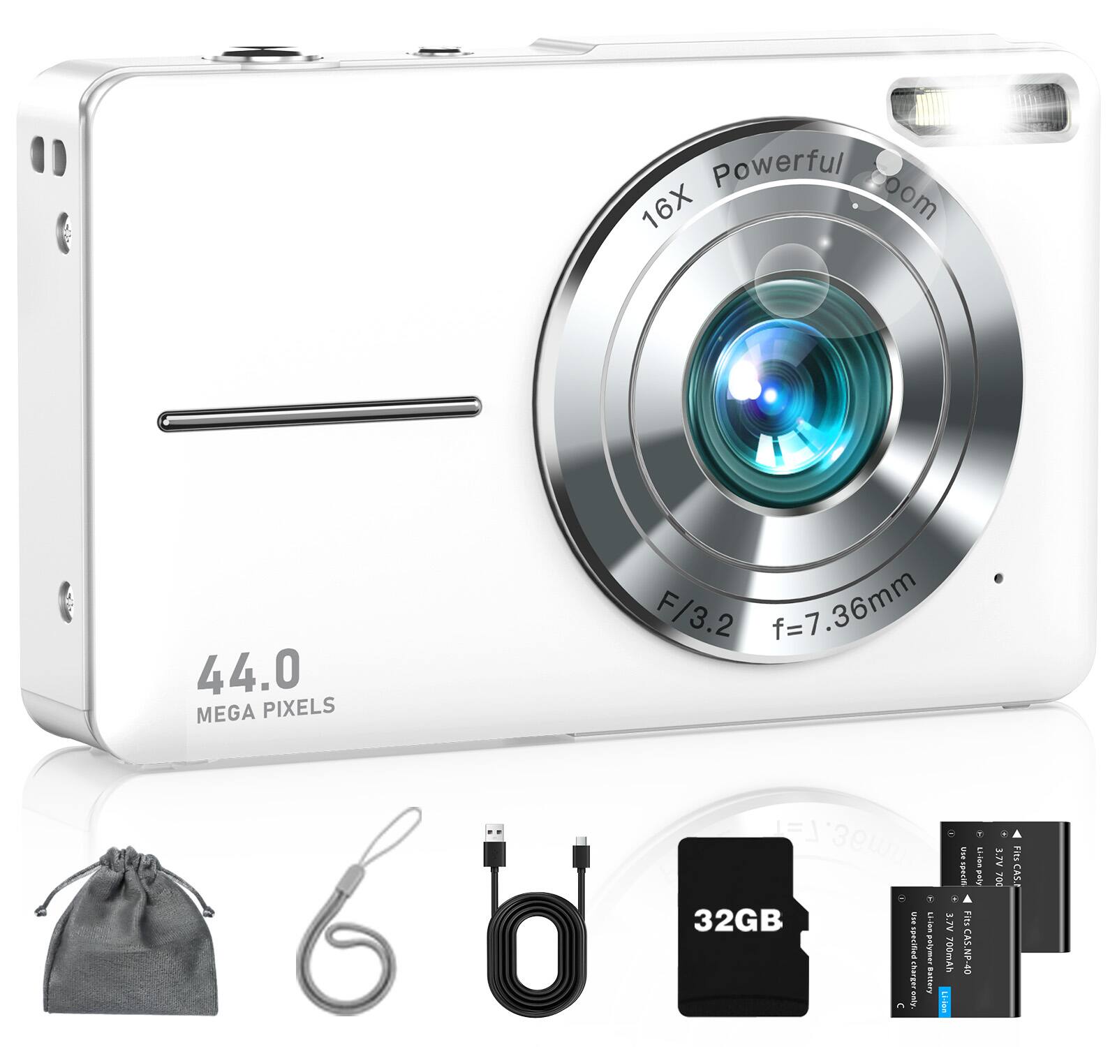 Powerful 16X zoom  
44.0 MEGA PIXELS  
F/3.2 f=7.36mm  
USA Li-ion 3.7V poly 700  
Fits CAS.I  
32GB  
U-lon 3.TV Fits se specified charger only.  
Li-ion polymer Battery 700mAh  
Fits CAS.NP-40 Battery