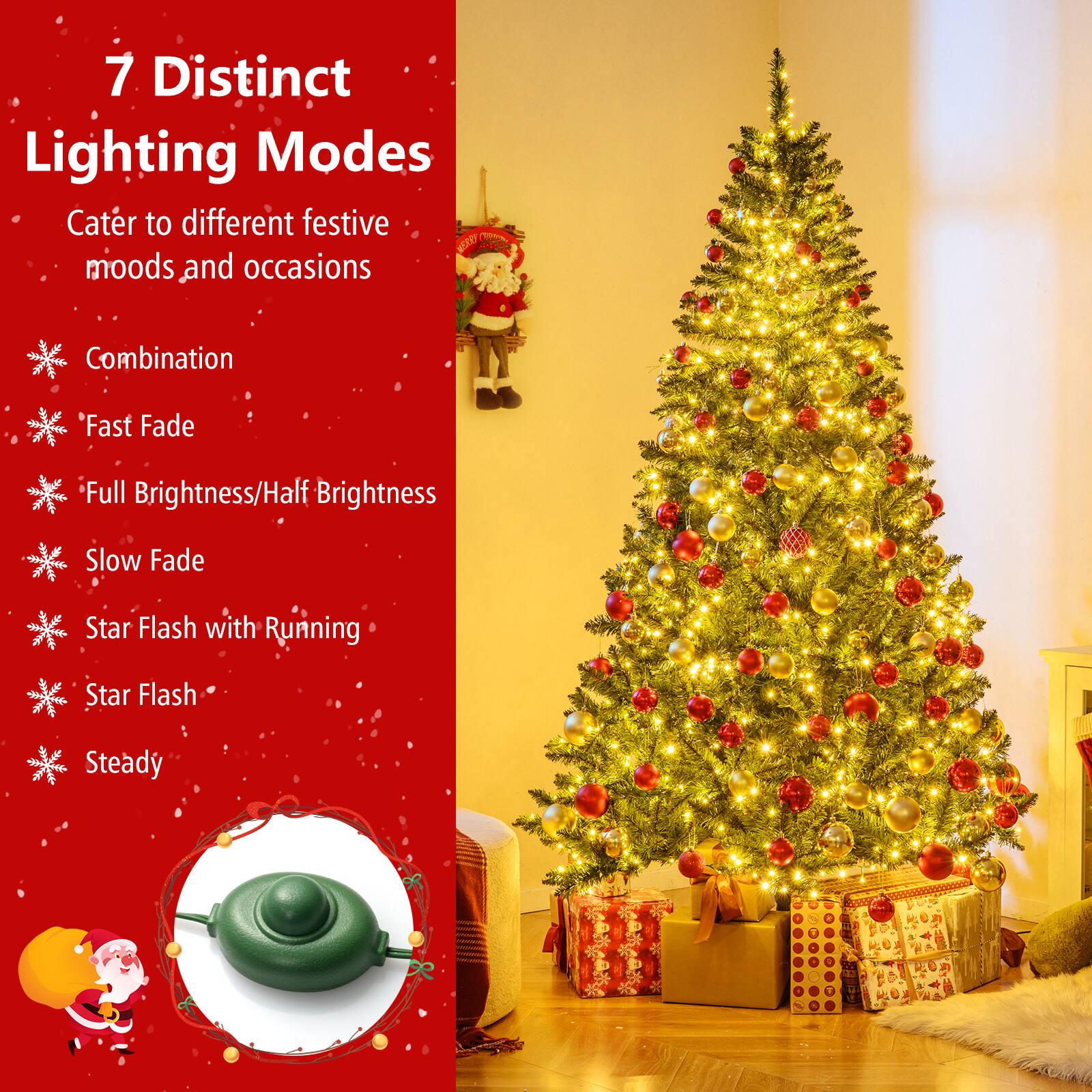 7 Distinct Lighting Modes  
Cater to different festive moods and occasions  

- Combination  
- Fast Fade  
- Full Brightness/Half Brightness  
- Slow Fade  
- Star Flash with Running  
- Star Flash  
- Steady
