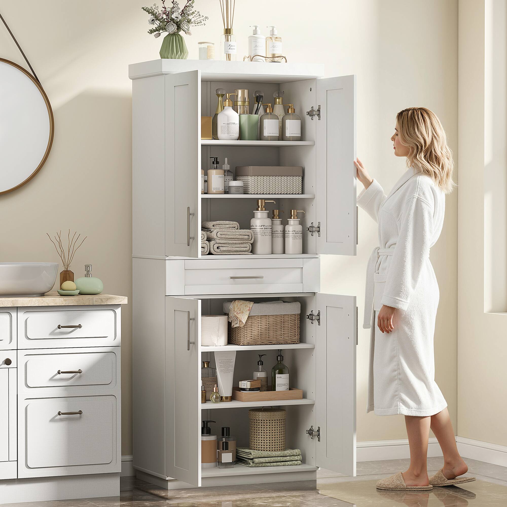 Alt View 8. Homcom - Modern Kitchen Pantry Freestanding Cabinet Cupboard with Doors and Drawer - White.