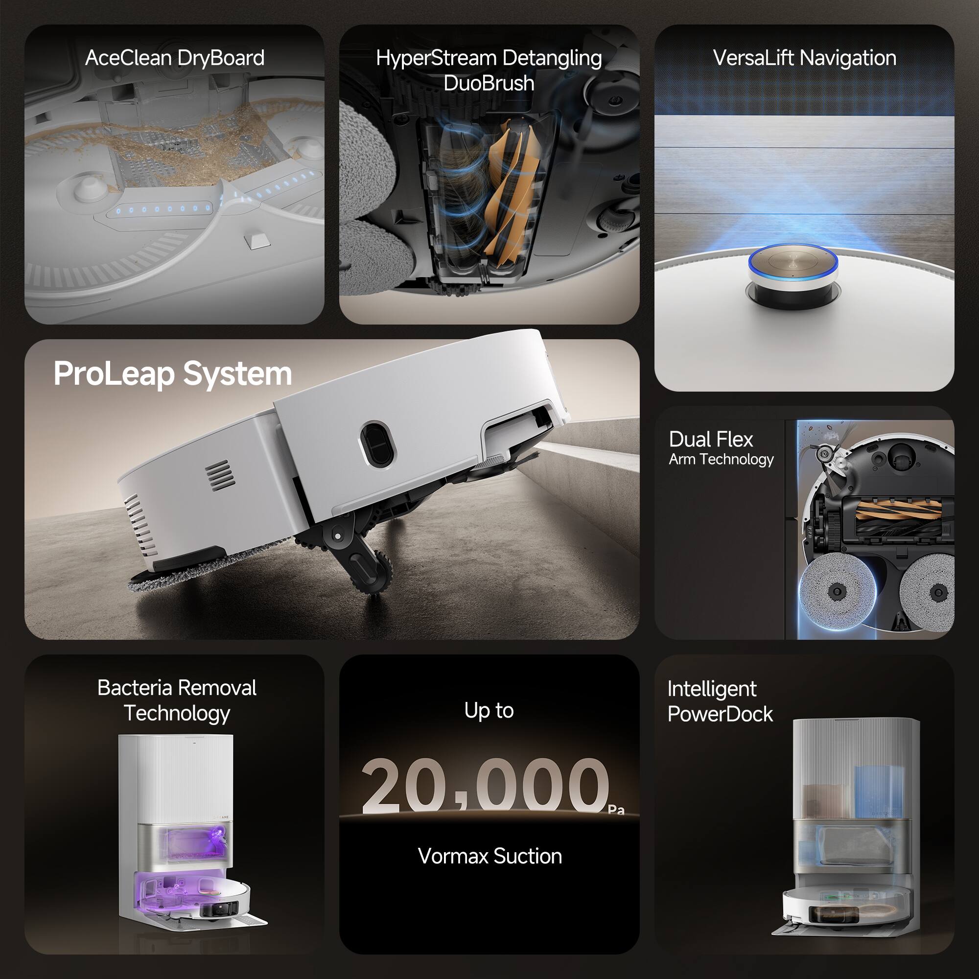 AceClean DryBoard  
HyperStream Detangling DuoBrush  
VersaLift Navigation  
ProLeap System  
Dual Flex Arm Technology  
Bacteria Removal Technology  
Up to 20,000 Pa Vormax Suction  
Intelligent PowerDock