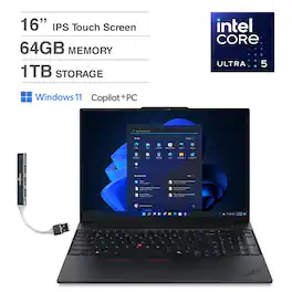 Lenovo - ThinkPad E16 Laptop 16'' Touchscreen (Intel Ultra 5-225U, 64GB DDR5, 1TB SSD, Win 11 Home) w/DKZ USB Hub - Black