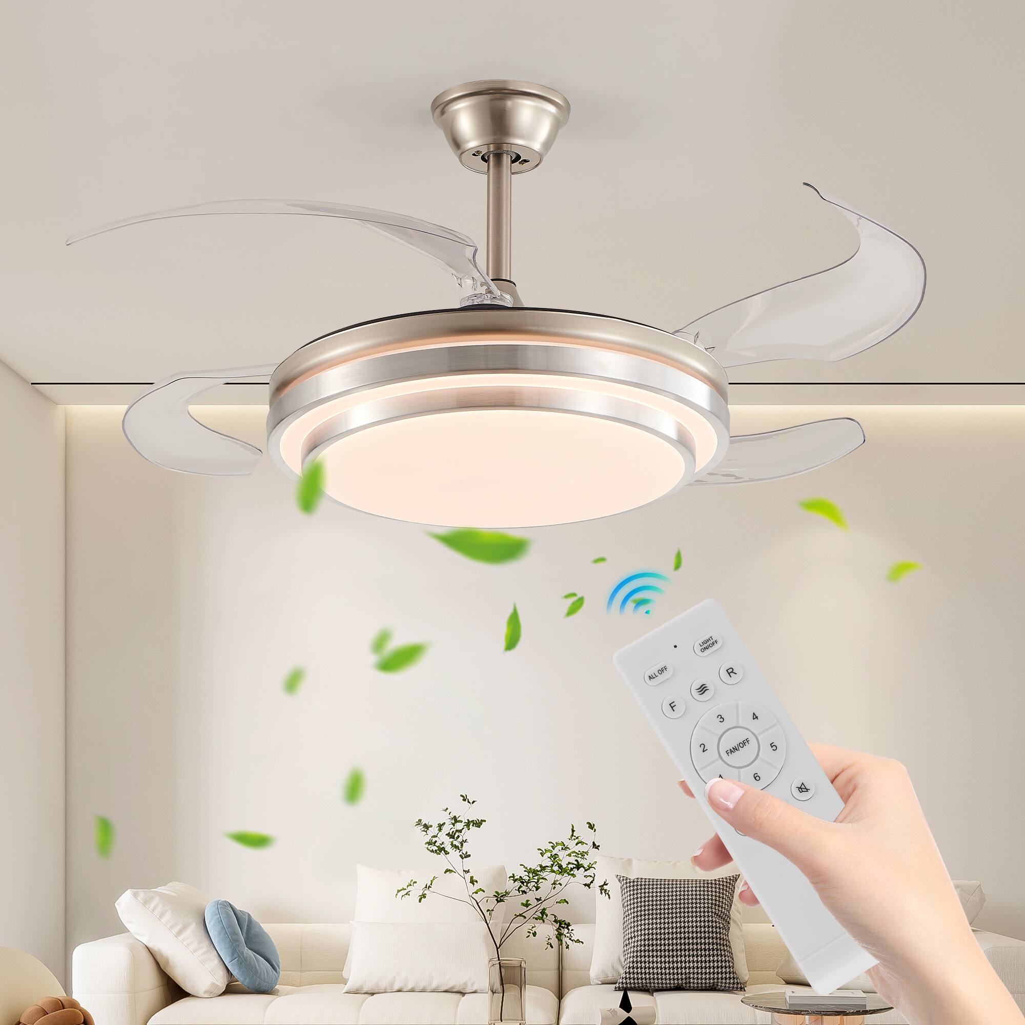 Front. TinyHomie - 42 Inch 3 Tiers Design Modern LED Ceiling Fan with Light and Remote Control Retractable.