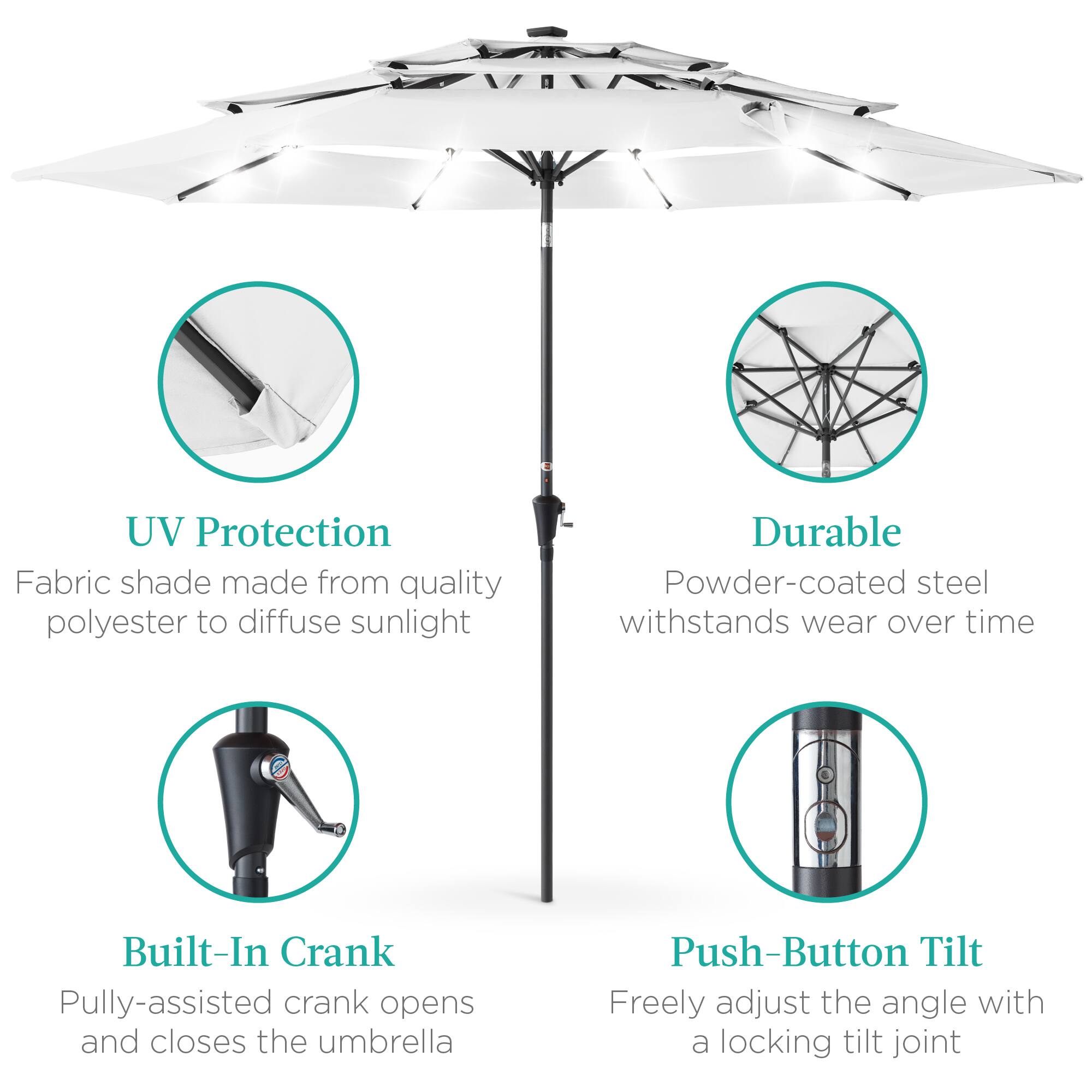 UV Protection  
Fabric shade made from quality polyester to diffuse sunlight  

Durable  
Powder-coated steel withstands wear over time  

Built-In Crank  
Pully-assisted crank opens and closes the umbrella  

Push-Button Tilt  
Freely adjust the angle with a locking tilt joint