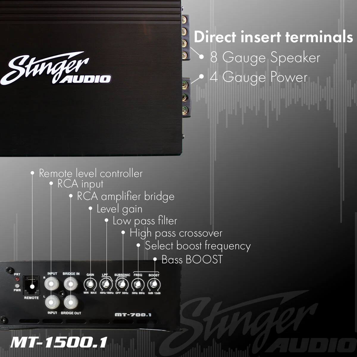 Stinger AUDIO

- Direct insert terminals
  - 8 Gauge Speaker
  - 4 Gauge Power

- Remote level controller
- RCA input
- RCA amplifier bridge
- Level gain
- Low pass filter
- High pass crossover
- Select boost frequency
- Bass BOOST

PWR - MAR - 180 - T

- REMOTE INPUT
- BRIDGE OUT

MT-700.1
MT-1500.1