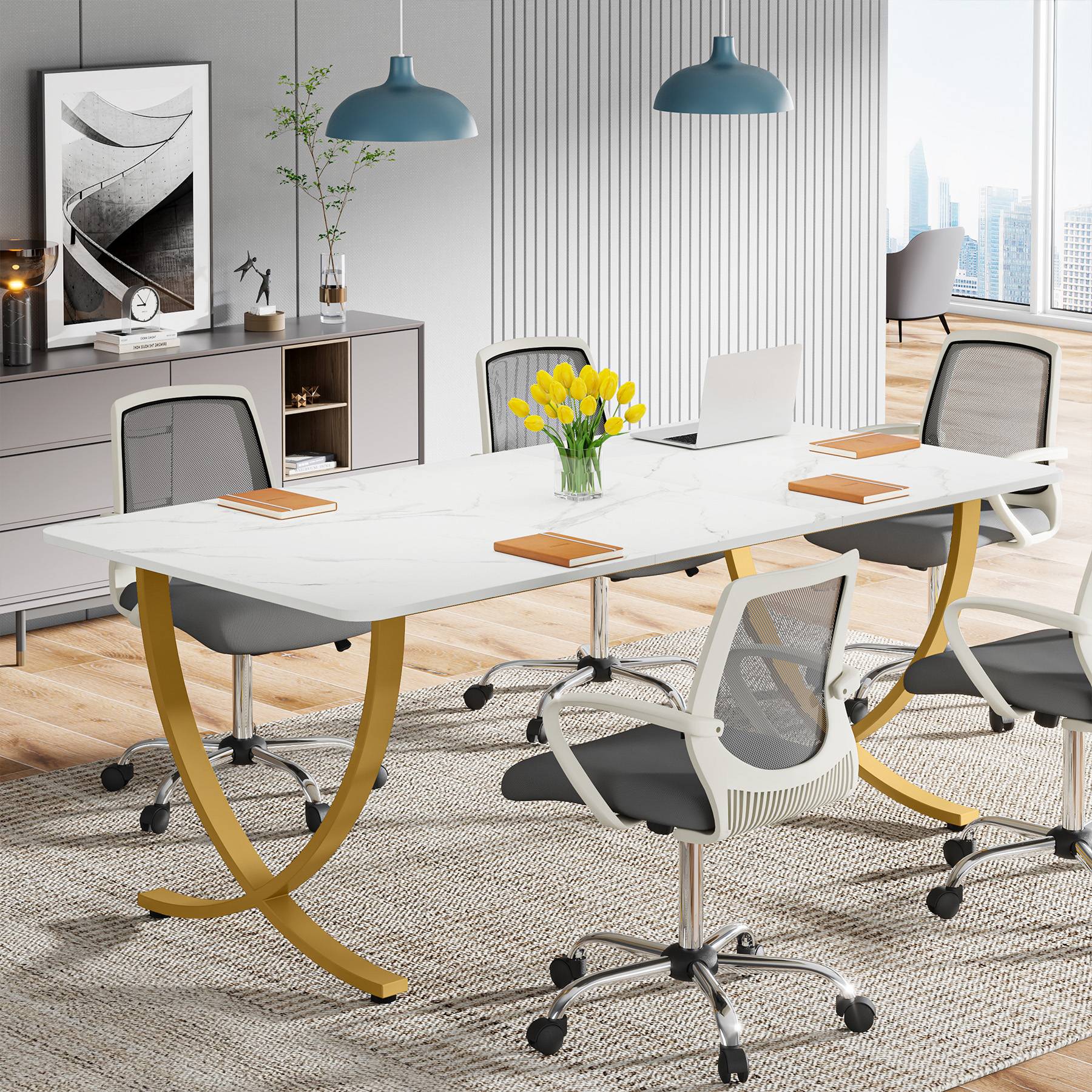 Angle. Tribesigns - Office Meeting Table with Engineered Wood Construction, for Meetings and Collaborative Office Work - White.