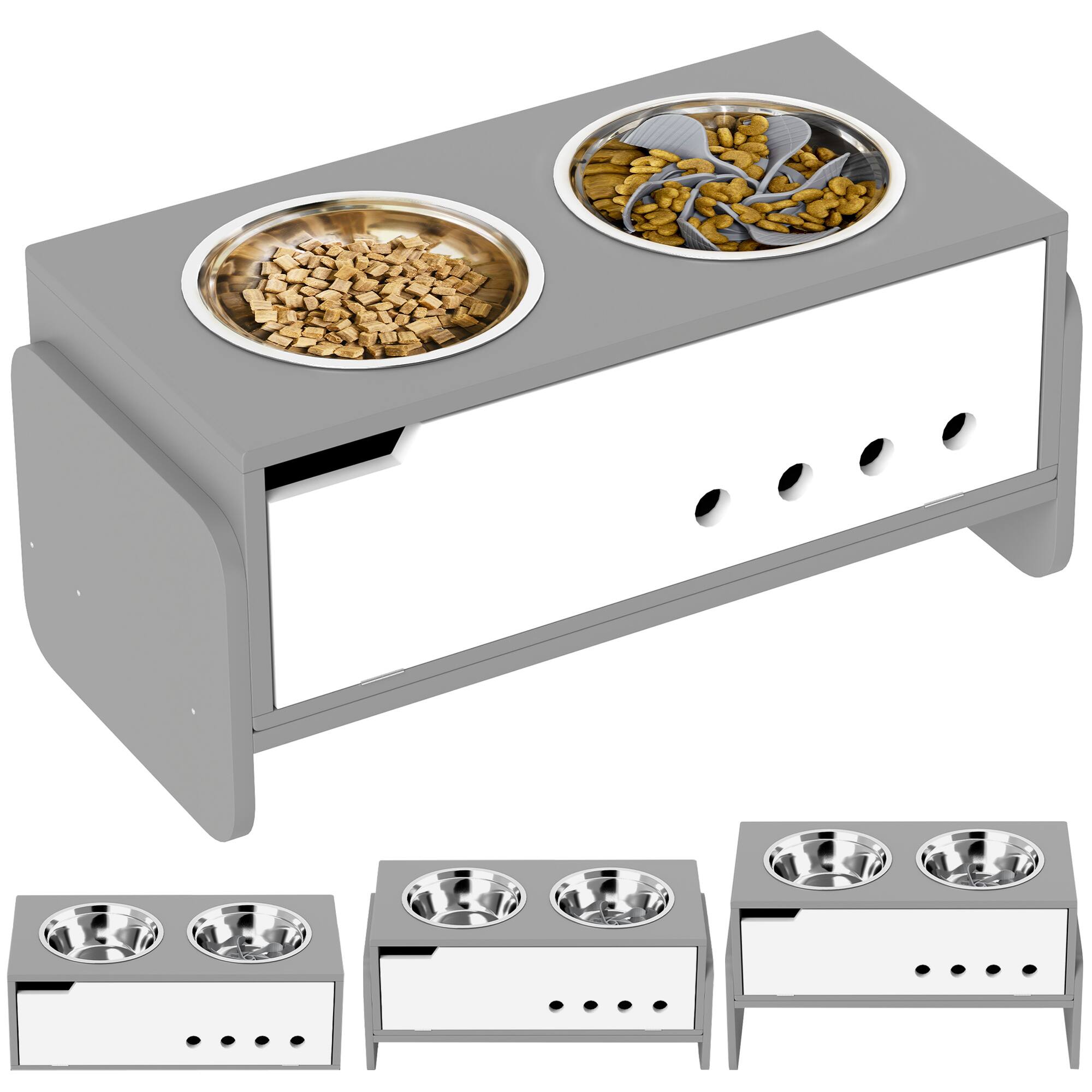 Pawhut - Elevated Bowls, 3 Adjustable Raised Dog Bowls, Food Bowls, Storage Cabinet, for Medium to Extra Large Dogs - Gray