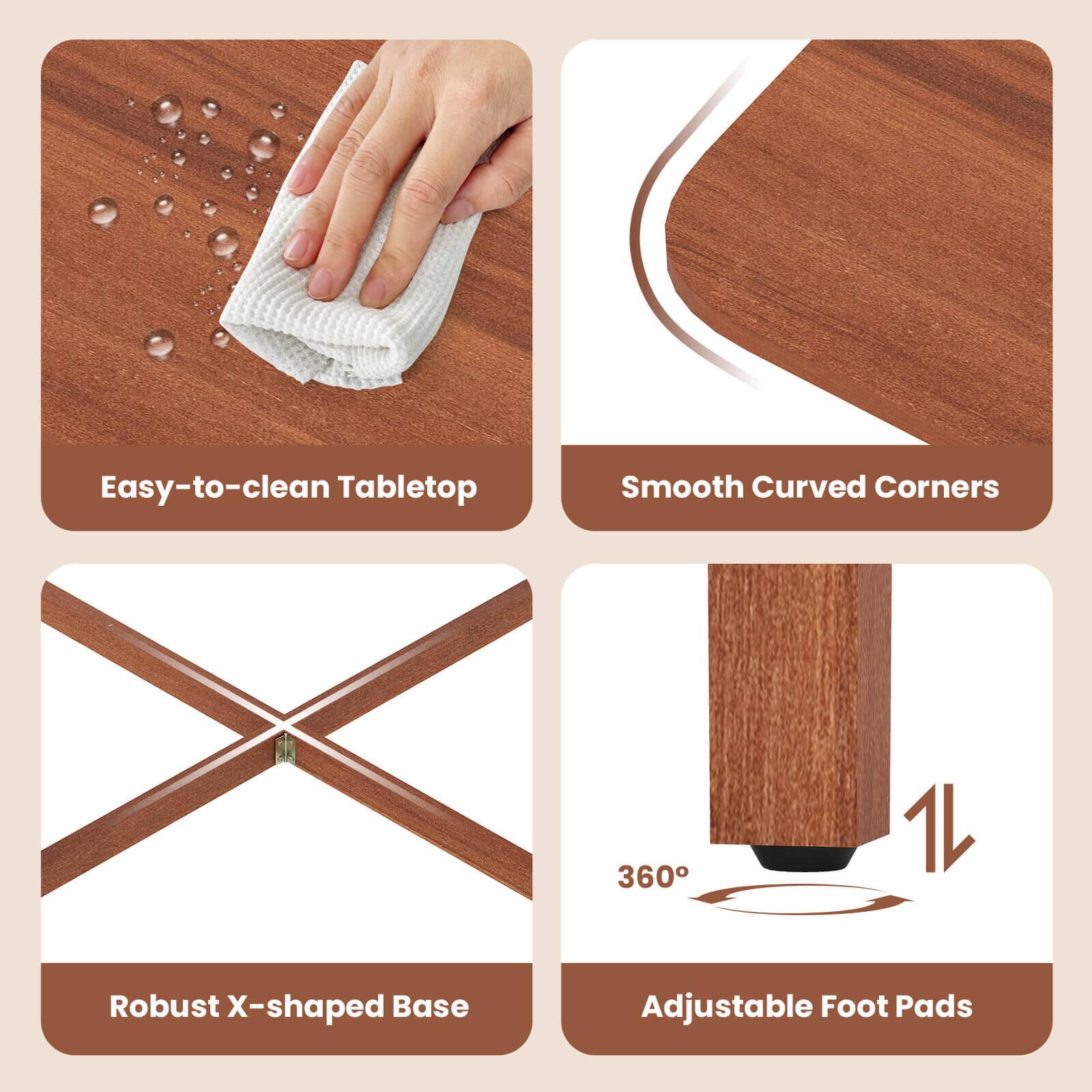 Easy-to-clean Tabletop  
Smooth Curved Corners  
Robust X-shaped Base  
Adjustable Foot Pads