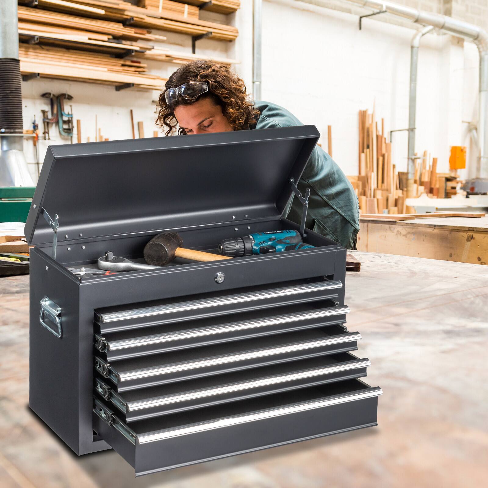 Alt View 4. Winado - 5-Drawer Tool Chest Metal Tool Storage Cabinet Tools Storage Cabinet Organizer with 5 Drawers & Locking System & Keys - Black.