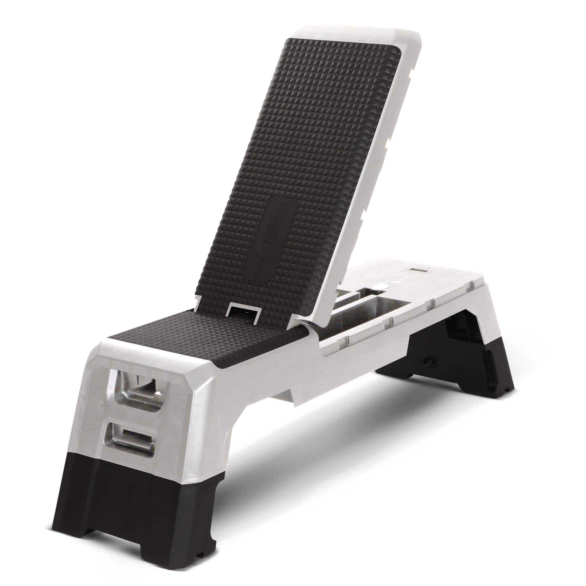 HolaHatha - Adjustable Stepper, Fitness Aerobic Deck w/Storage Compartment, Silver - White