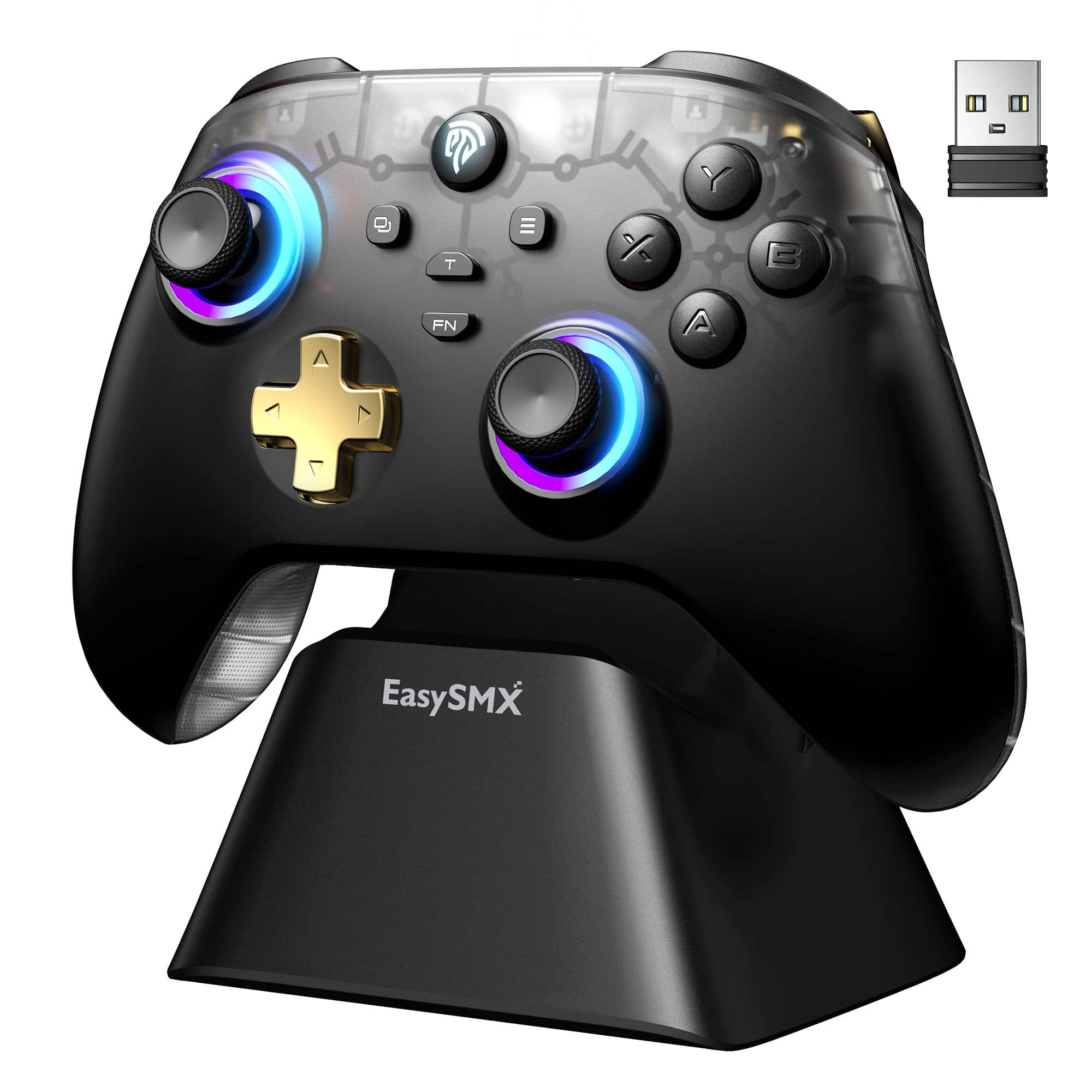 EasySMX - D05 Wireless Game Controller, Bluetooth PC/Steam/Switch/Android Gamepad with Hall Sensor, RGB, Dock, No Drift - Black