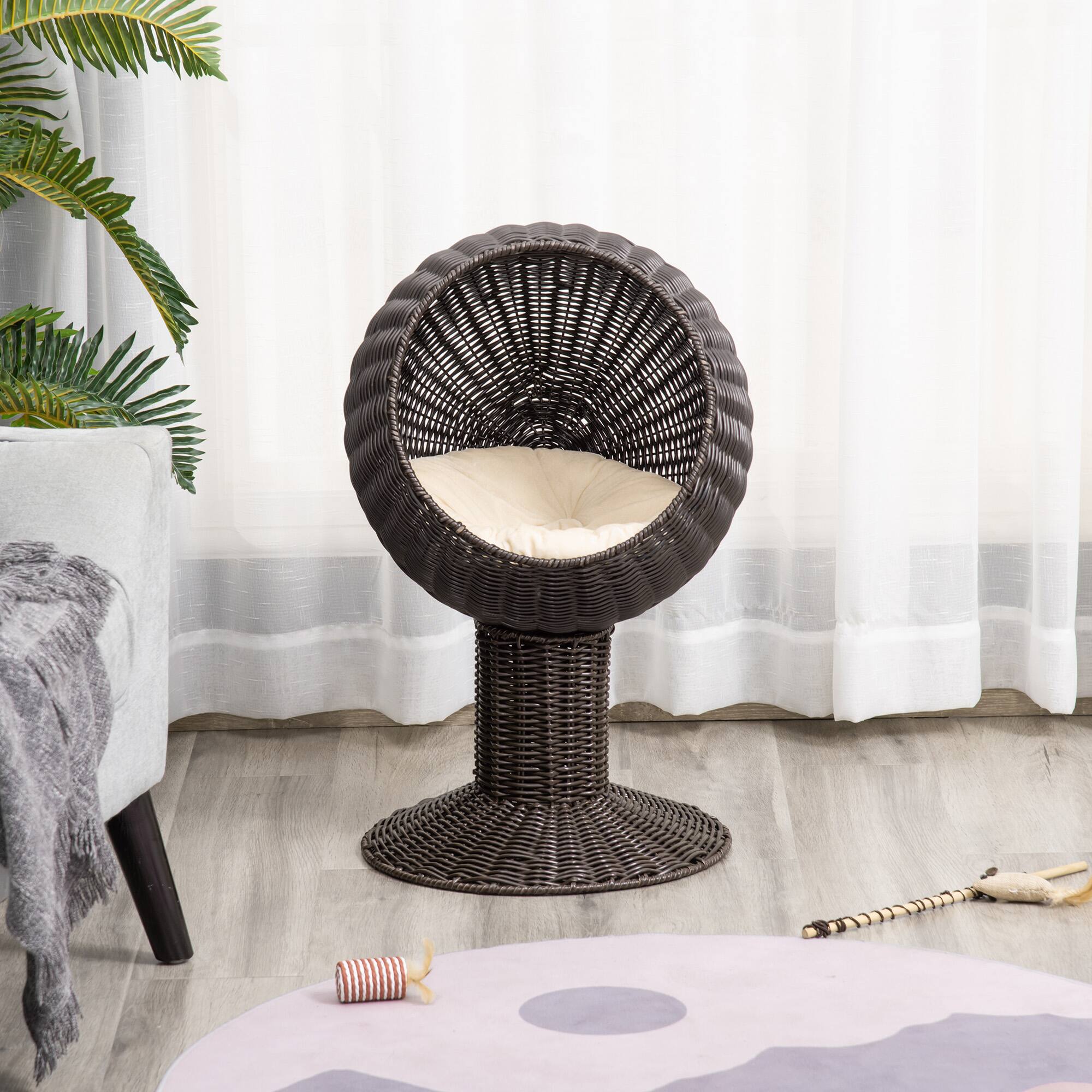 Alt View 4. Pawhut - Elevated Cat Bed, Rotatable Egg Chair Pod, Thick Cushion, Natural Mat Grass Woven Kitty House.