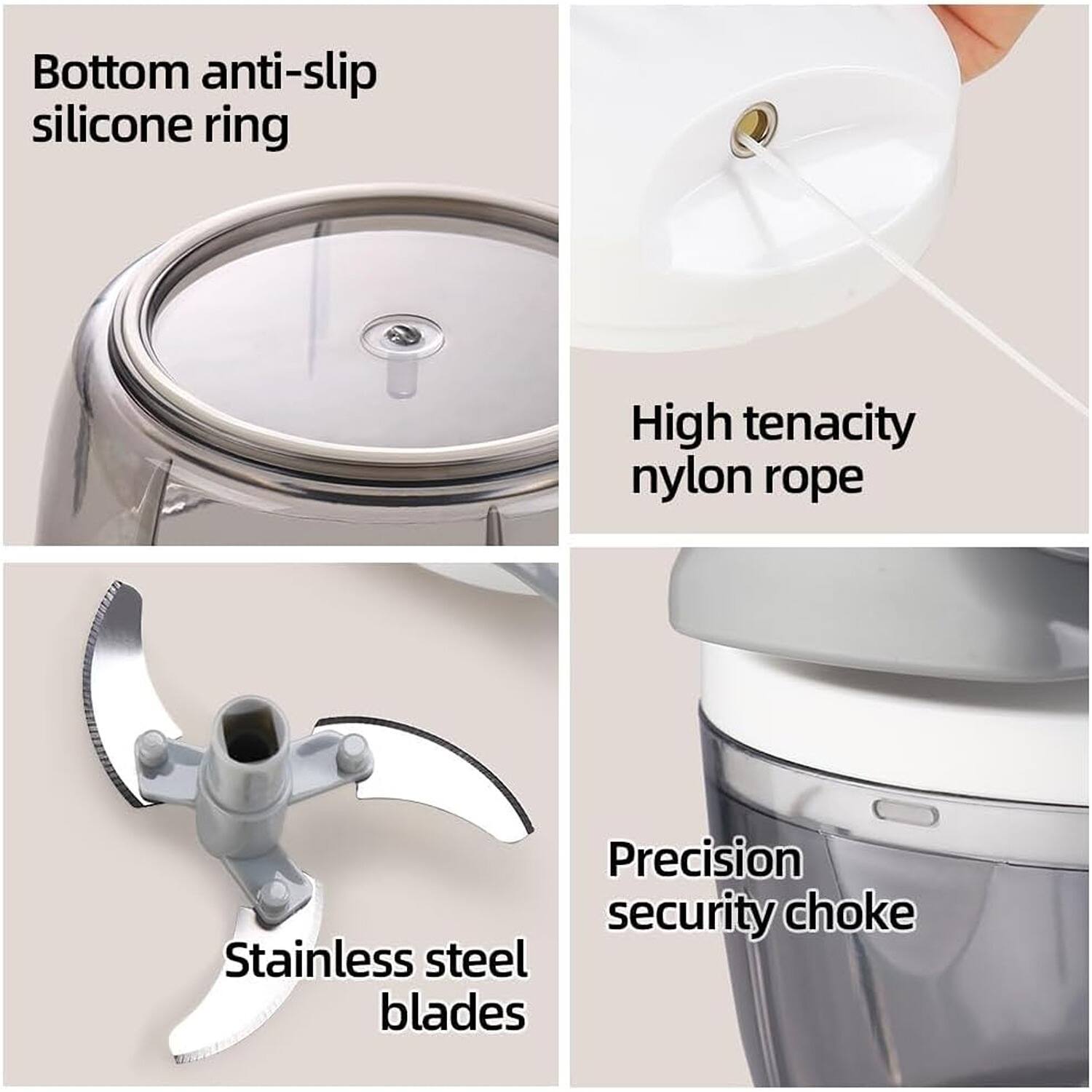 Bottom anti-slip silicone ring, High tenacity nylon rope, Stainless steel blades, Precision security choke