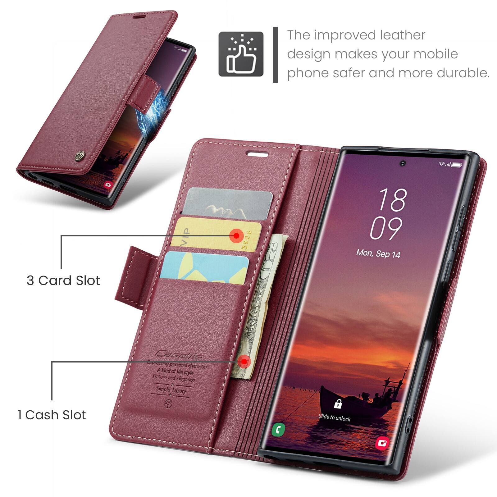 The improved leather design makes your mobile phone safer and more durable.

3 Card Slot

1 Cash Slot

18 09 Mon, Sep 14

Slide to unlock