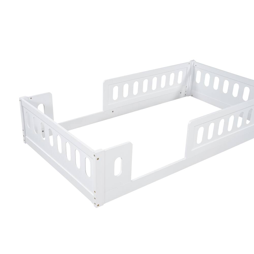 Alt View 7. Loheer - Loheer Twin Platform Bed White Wood Twin Bed with Guardrail Kids Floor Bed - White.