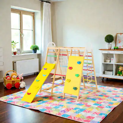 Front. BreeBe - Multi-Activity Wooden Playset for Children Featuring Slide and Monkey Bars - Multicolor.