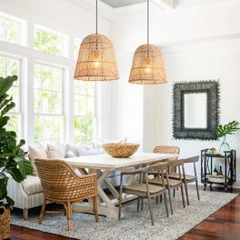 Parrot Uncle - 1-Light Coastal Retro Rattan Hand-Woven Cloche Hanging Basket Pendant Light - Brown