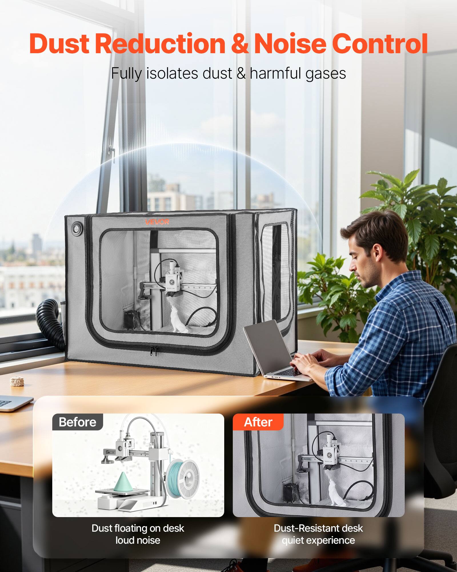 Dust Reduction & Noise Control  
Fully isolates dust & harmful gases  

Before  
Dust floating on desk loud noise  

After  
Dust-Resistant desk quiet experience