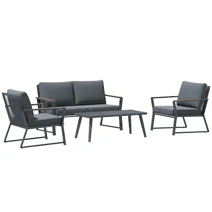 Front. Outsunny - 4 Piece Patio Furniture Set, Aluminum Conversation Set, Outdoor Garden Sofa Set with Armchairs - Dark Grey.