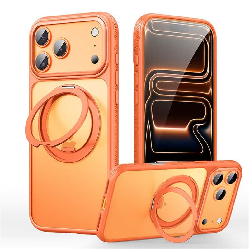 SKRAN - Full Coverage Case for iPhone 17 Pro Max - Magnetic Bracket Phone Case with Camera Button Protection,Pivot Stand Design - Orange