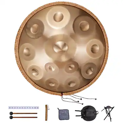 Front. VEVOR - Handpan Drum, 22 in & 12 Notes, D Minor Hand Drum, Hand Pan Drum Instrument with Mallets, 440Hz Handpan Stand &Carry Bag - Golden.