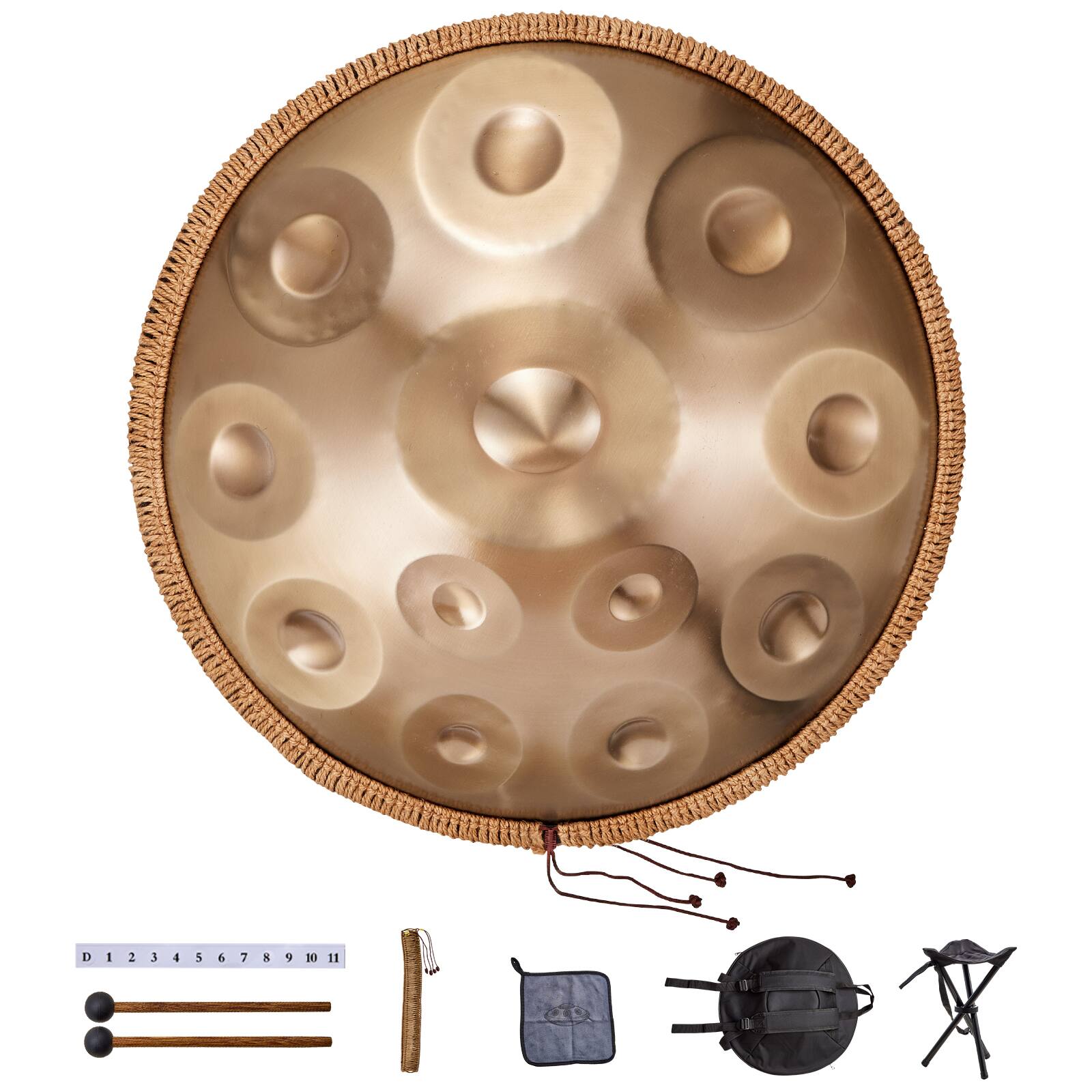 Front. VEVOR - Handpan Drum, 22 in & 12 Notes, D Minor Hand Drum, Hand Pan Drum Instrument with Mallets, 440Hz Handpan Stand &Carry Bag - Golden.