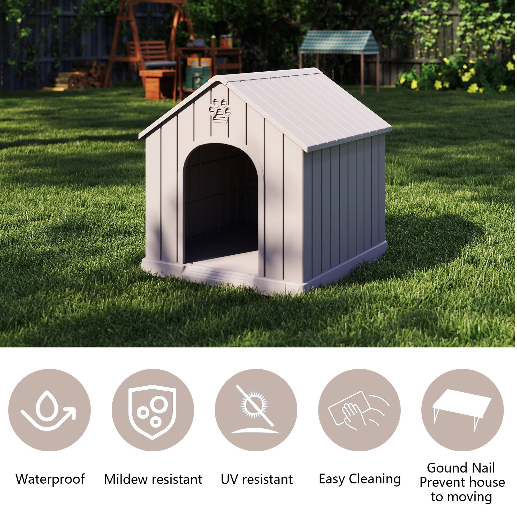 - Waterproof
- Mildew resistant
- UV resistant
- Easy Cleaning
- Ground Nail Prevent house to moving