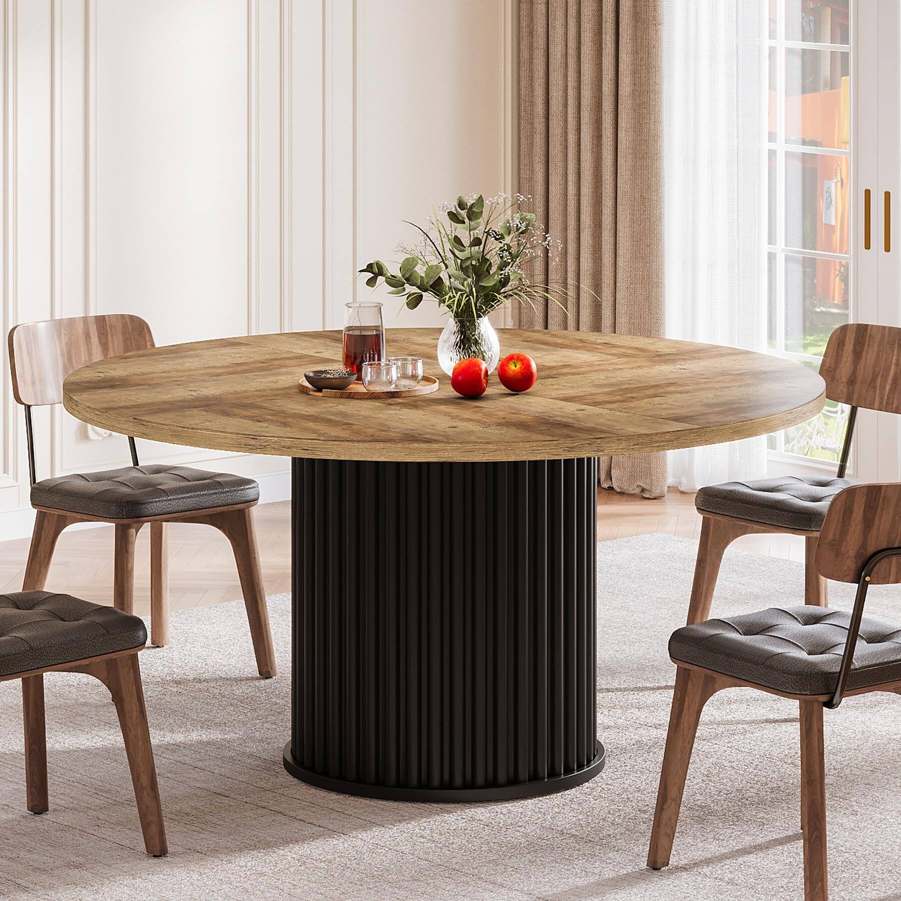 Tribesigns - 47.2-Inch Round Dining Table with Fluted Base and Pedestal Base for Kitchen or Dining Room - Black + Brown