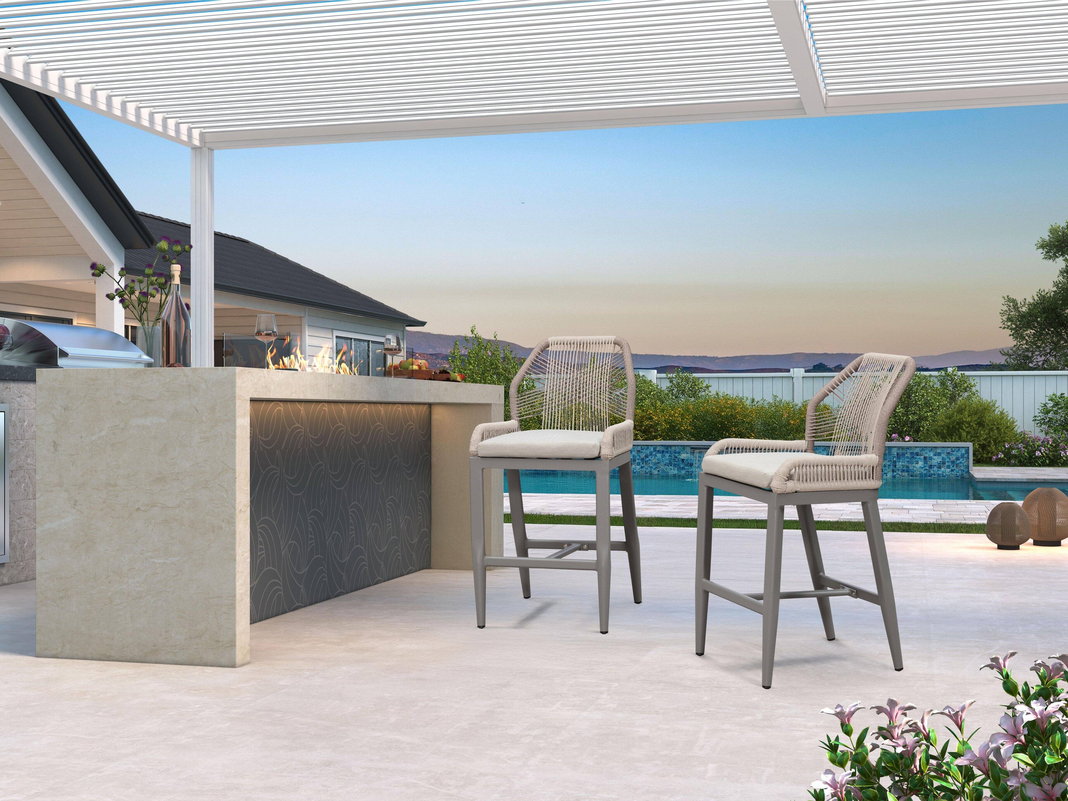 Alt View 3. PURPLE LEAF - Patio Outdoor Bar Stool Counter Height Set of 2 Rattan Chair with Back Modern Aluminum Woven Barstools for Garden Indoor - Light Grey-Counter Stool.