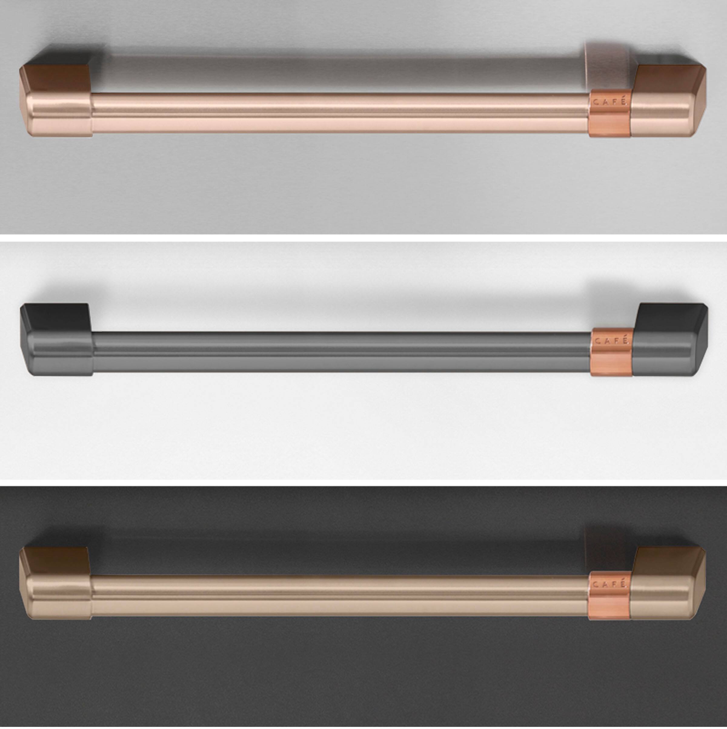 The image shows three different colored handles, each made of metal. The handles are displayed in a row, with one being gold, one being silver, and the third one being black. The handles are likely used for opening doors or cabinets.