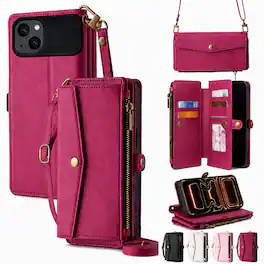 Topteng - 6-in-1 Wallet Case for iPhone 15/15 Pro/15 Pro Max with Wrist & Crossbody Straps, Zipper Pocket, Card Holders - iPhone 15 Red