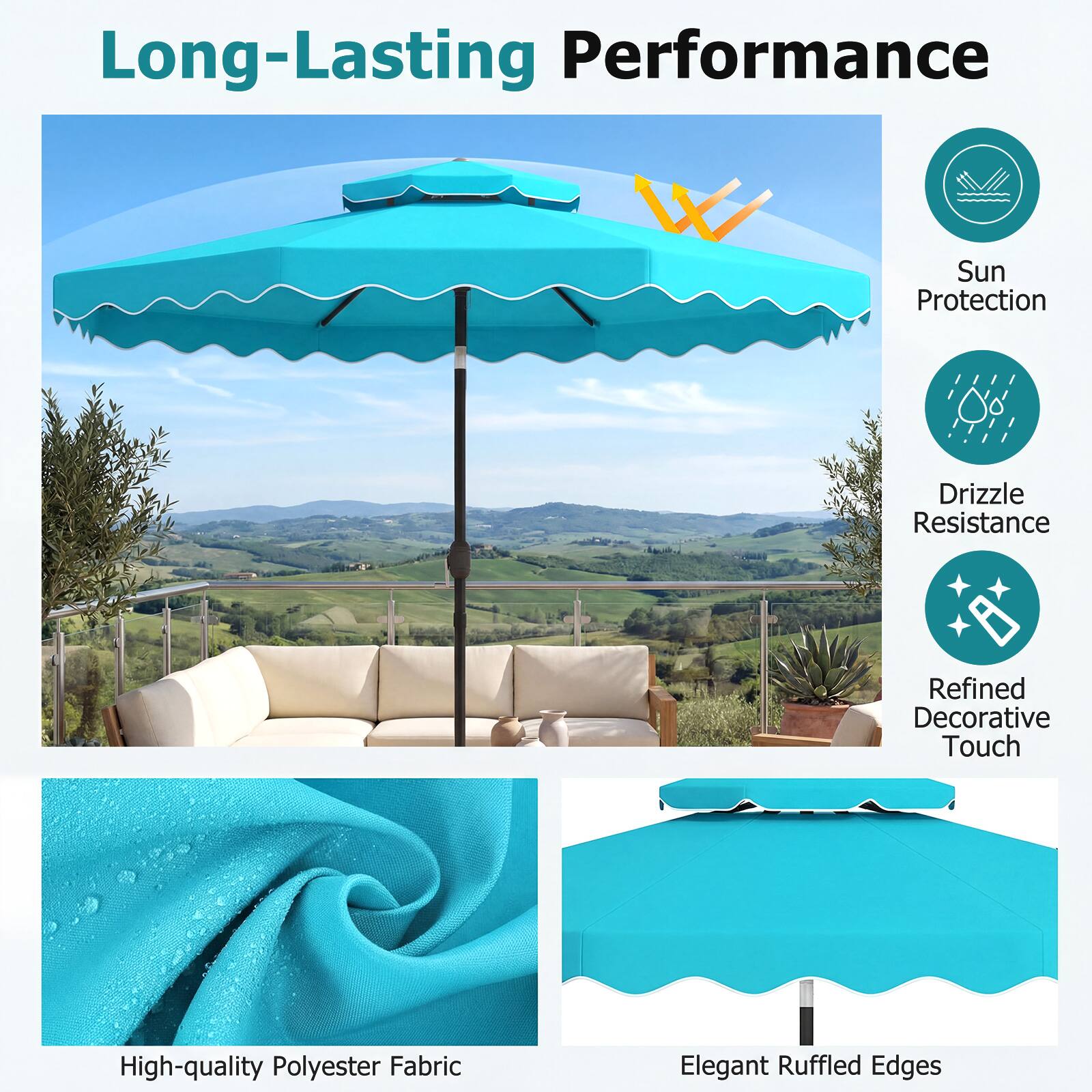 Long-Lasting Performance  
- Sun Protection  
- Drizzle Resistance  
- Refined Decorative Touch  
- High-quality Polyester Fabric  
- Elegant Ruffled Edges